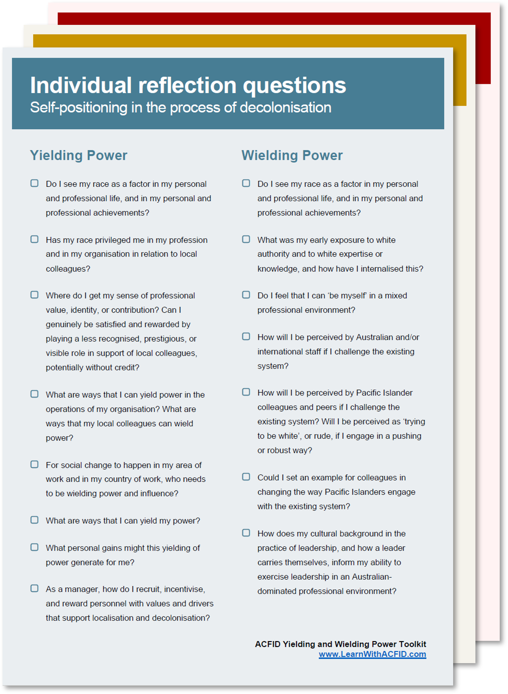Questions sets for reflection at the individual, organisational and systemic level.